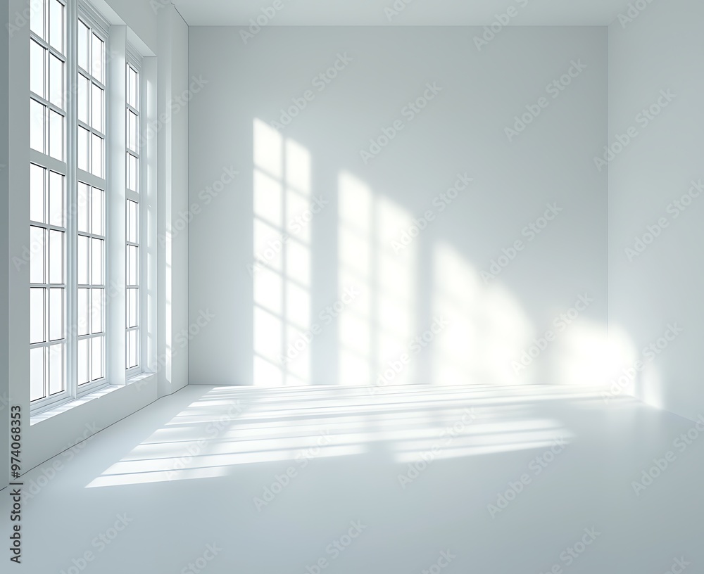 Obraz premium mpty whit room showcasing minimalist dcor through light and shadow.