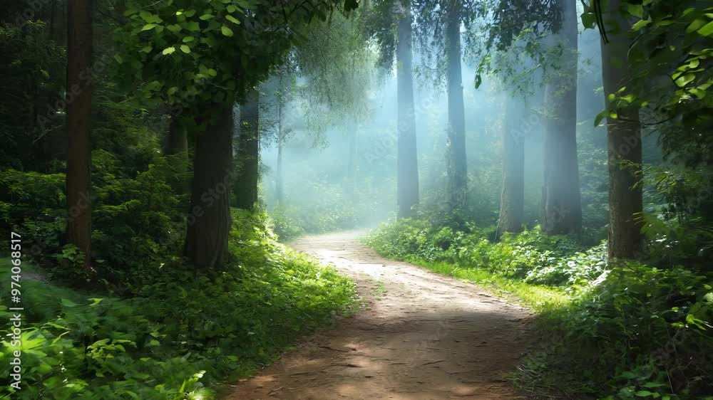 Misty forest path under green leaves arch, serene nature scenery Misty forest path under green leaves arch, serene nature scenery