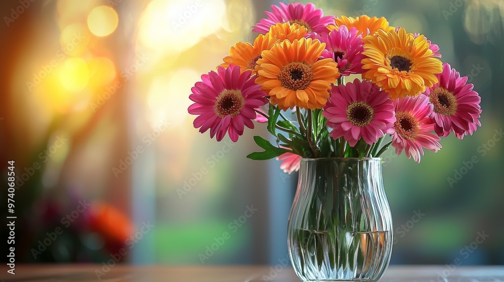 Colorful Gerbera Daisies in Glass Vase with Bokeh Background Colorful Gerbera Daisies in Glass Vase with Bokeh Background