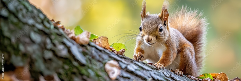 Fototapeta premium A tight shot of a squirrel perched on a tree branch, surrounded by falling leaves, with a tree as the backdrop
