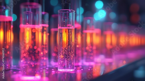 Neon liquid glows in a test tube, surrounded by soft bokeh lights, a glimpse into futuristic science.