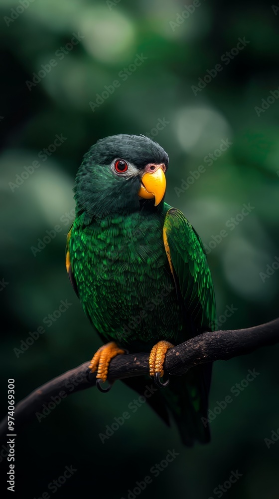 A green-and-yellow bird perches on a tree branch against a lush forest backdrop of verdant leaves A green-and-yellow bird perches on a tree branch against a lush forest backdrop of verdant leaves
