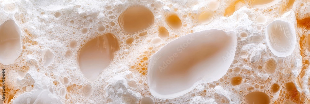 A tight shot of a blend of liquids and particles atop an orange-tinted liquid, teeming with white and orange bubbles A tight shot of a blend of liquids and particles atop an orange-tinted liquid, teeming with white and orange bubbles