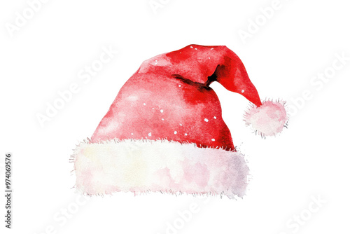 Watercolor painting of a traditional Santa hat in red with white trim, perfect for holiday and Christmas-themed projects. photo