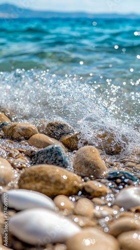  A tight shot of beach rocks submerged in crashing waves, backed by vast ocean expanse