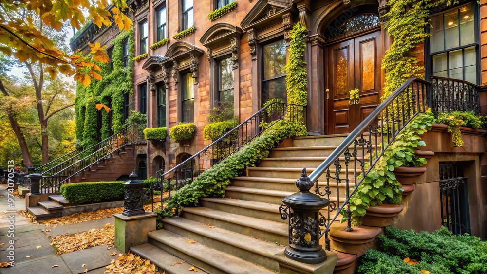 Classic Brooklyn brownstone building with ornate stoop, iron railing, and ivy-covered facade, surrounded by lush Classic Brooklyn brownstone building with ornate stoop, iron railing, and ivy-covered facade, surrounded by lush