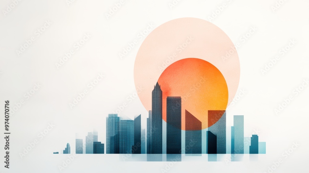 Obraz premium A textured and layered illustration of an urban skyline, highlighting the interplay of light and shadow, and incorporating mixed media techniques.