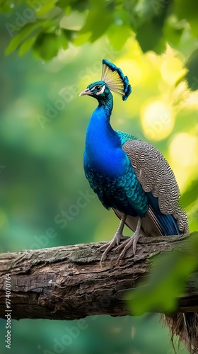  A bluebird perches atop a tree branch amidst a lush, green tree adorned with numerous leaves