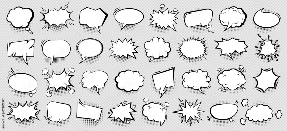 Retro hand drawn empty comic speech bubble, cloud text message box or sticker set with black halftone shadow in pop art cartoon style. Business communication symbol. Chat box, idea or quote balloon.