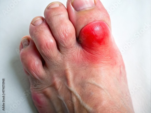 Close-up image of a swollen, red, and inflamed big toe joint on a foot, showcasing symptoms of gout,