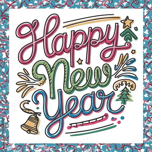 Colorful handdrawn lettering quotHappy New Yearquot with decorative elements photo