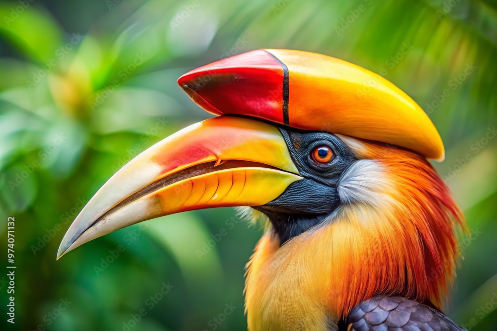 Fototapeta premium Close-up of a brightly colored hornbill's distinctive casque-adorned bill, slightly open, revealing sharp edges and