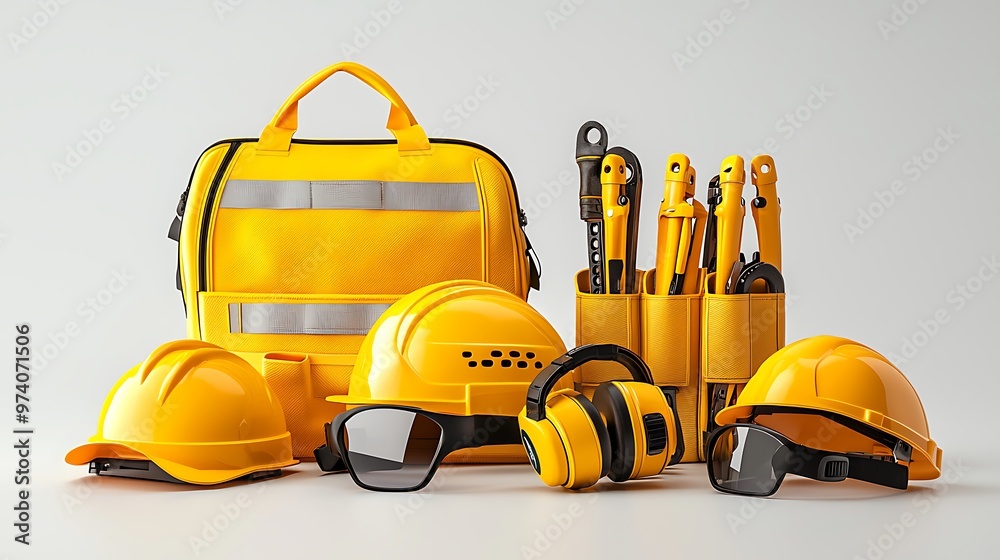 A full set of safety gear with a hard hat, goggles, ear protection, and a tool bag promises security on the job. A full set of safety gear with a hard hat, goggles, ear protection, and a tool bag promises security on the job.