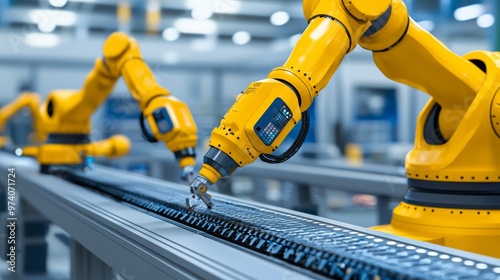 Yellow robotic arms assembling electronics in an advanced factory production line