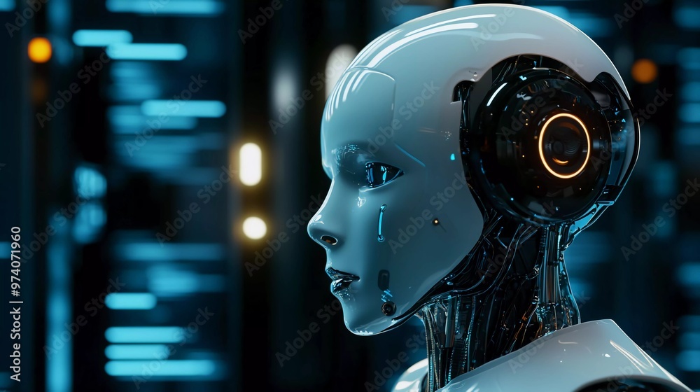 Fototapeta premium 3D rendering artificial intelligence AI research of robot and cyborg development for future of people living. Good digital data mining and machine learning technology design for computer brain
