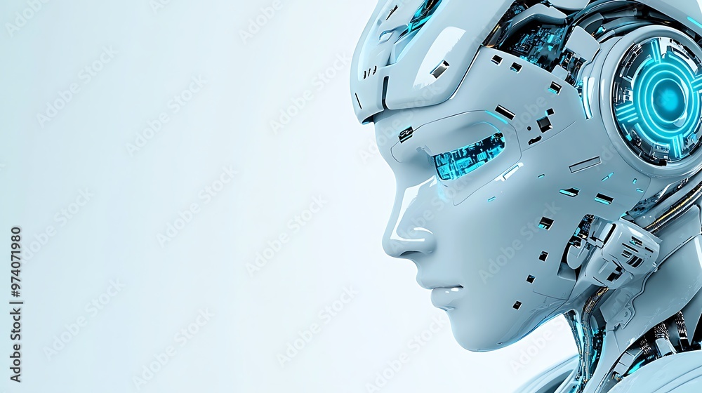 A futuristic robot head with glowing blue eyes and circuits represents the blending of technology and life. A futuristic robot head with glowing blue eyes and circuits represents the blending of technology and life.
