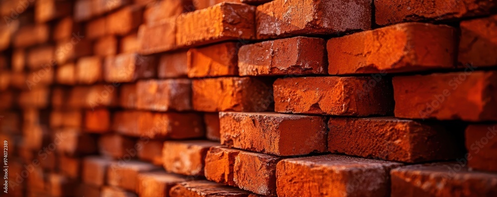 Obraz premium Close-up view of stacked bricks, showcasing texture and color, ideal for construction, architecture, and background use.