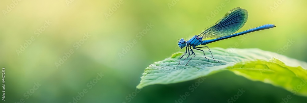 A blue dragonfly perches on a verdant leaf atop a green plant Background softly blurred A blue dragonfly perches on a verdant leaf atop a green plant Background softly blurred