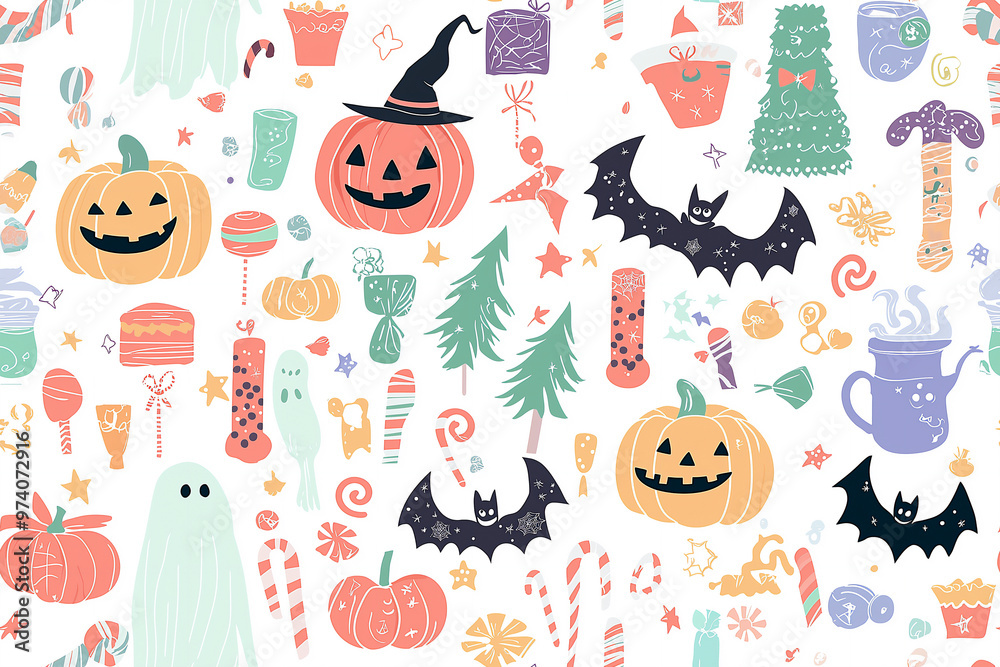 Halloween ghosts and pumpkins seamless background