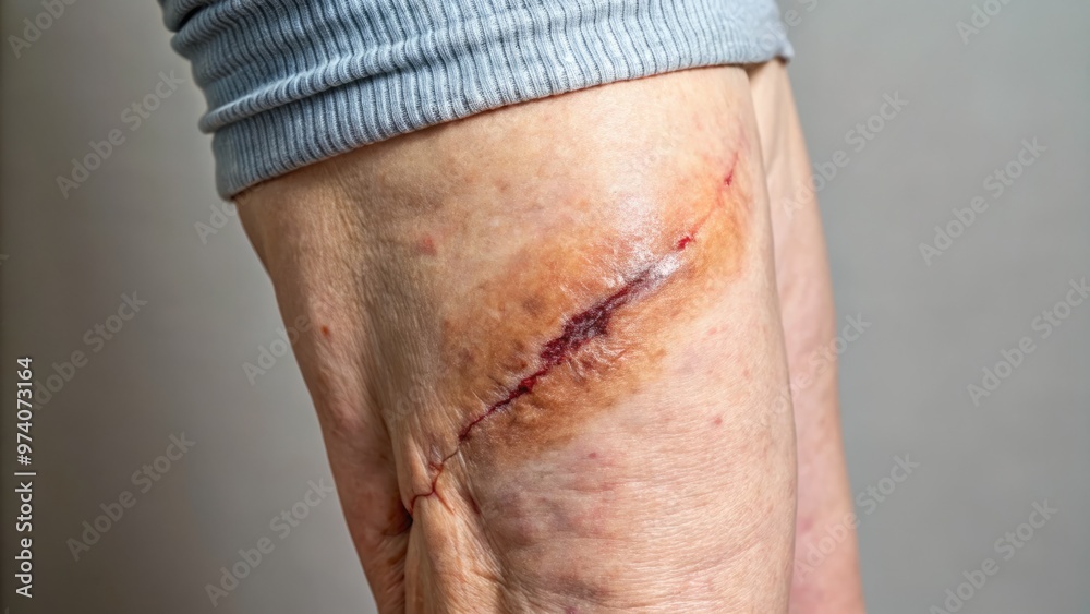 Fototapeta premium Close-up of a healed hip replacement surgical scar on a senior's thigh, with visible redness and slight swelling,
