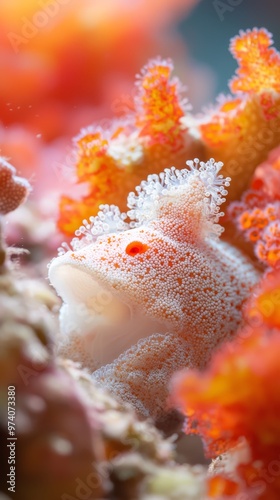  A tight shot of a sea anemone with orangese and white corals in the foreground, followed by another anemone of similar hue and texture in the background photo