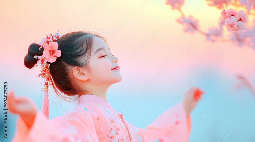 Fototapeta premium A young girl in a vibrant traditional Chinese dress, gracefully performing a traditional dance during the Moon Festival ceremony.