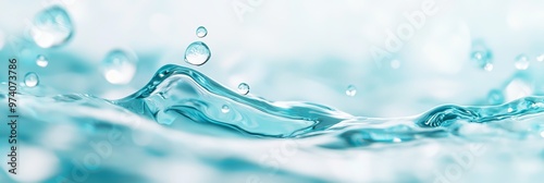  A tight shot of water droplets splashing and disrupting a tranquil blue surface, creating ripples Droplets form at the surface's edge before cascading