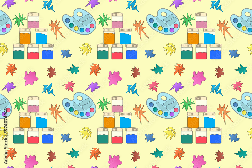 Seamless vector pattern of vibrant school supplies including paint, brushes, and leaves on a playful background. Ideal for back-to-school themes, educational materials, and creative projects. Seamless vector pattern of vibrant school supplies including paint, brushes, and leaves on a playful background. Ideal for back-to-school themes, educational materials, and creative projects.