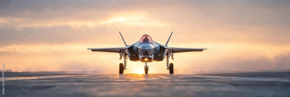 A fighter jet rests on an airport tarmac beneath sunny skies, clouds parted by the radiant sunlight A fighter jet rests on an airport tarmac beneath sunny skies, clouds parted by the radiant sunlight