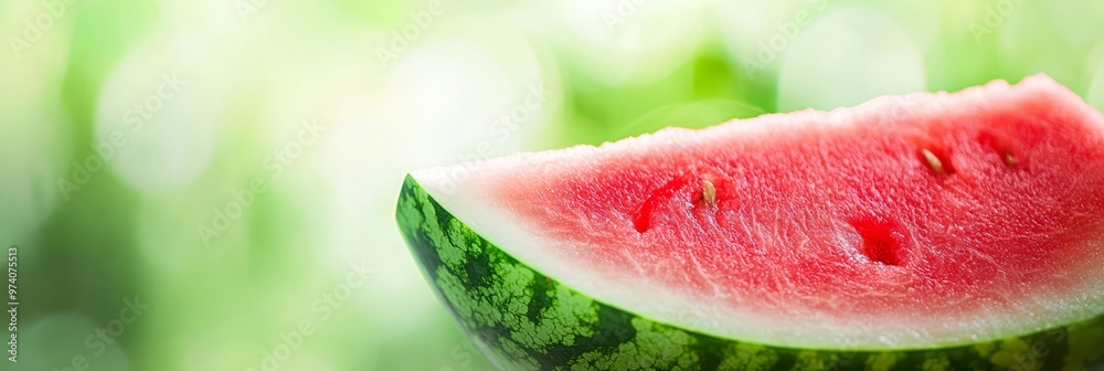 A watermelon slice atop verdant grass - background softly blurred A watermelon slice atop verdant grass - background softly blurred