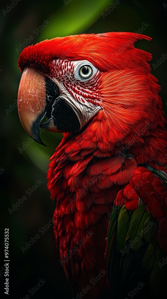Fototapeta premium A red parrot with green leaves attached to its back against a black background