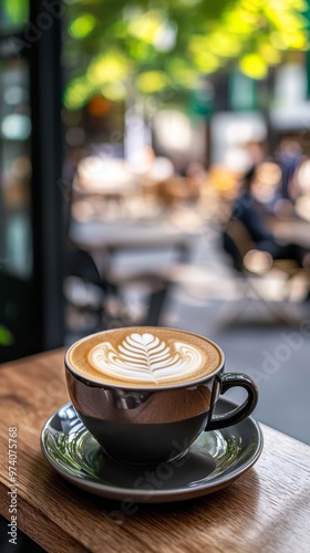  A cappuccino atop a saucer on a wooden table in a restaurant