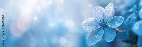  A tight shot of a blue bloom, adorned with dew drops on its petals, against a softly blurred backdrop