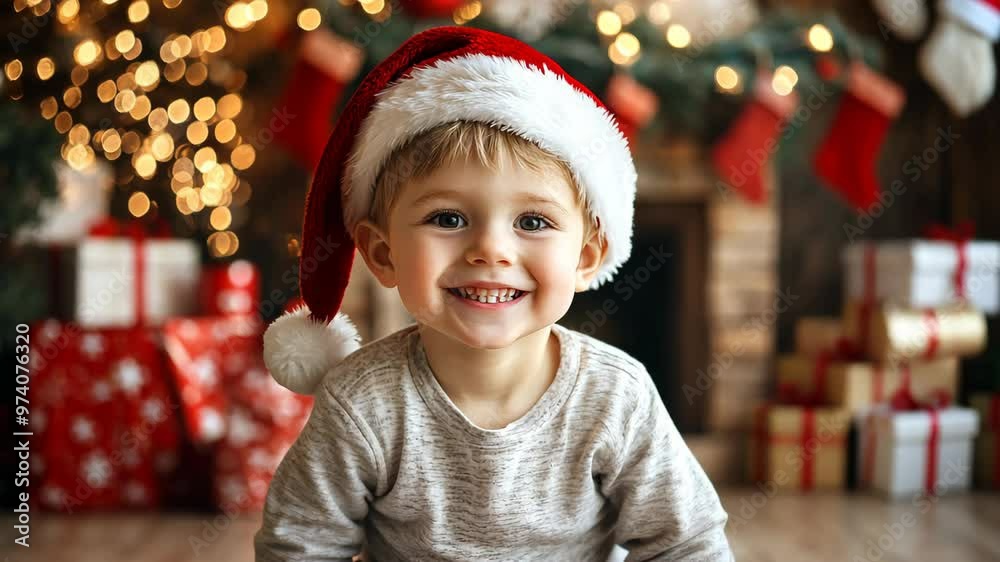 Joyful child in a Christmas hat surrounded by festive decorations and gifts in a cozy holiday setting Joyful child in a Christmas hat surrounded by festive decorations and gifts in a cozy holiday setting
