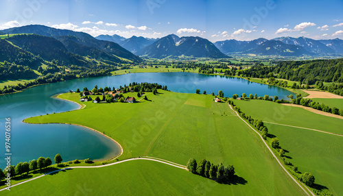 Paysage montagneux avec lacs et prairies verdoyantes photo