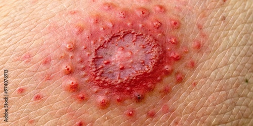 Close-up of a red, circular, itchy skin lesion with raised borders and central clearing, characteristic of tinea photo