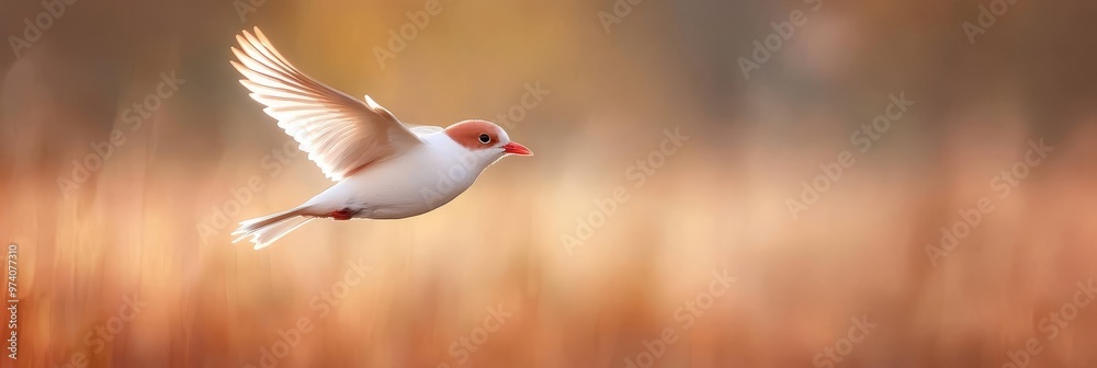 Fototapeta premium A white bird in flight, wings splayed wide, head tilted to the side
