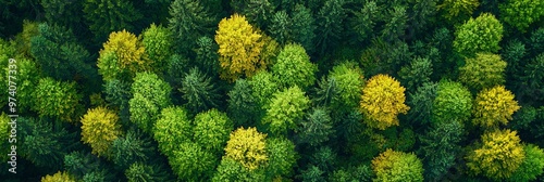  Abird's-eye perspective of a grove of trees with golden and verdant crowns atop