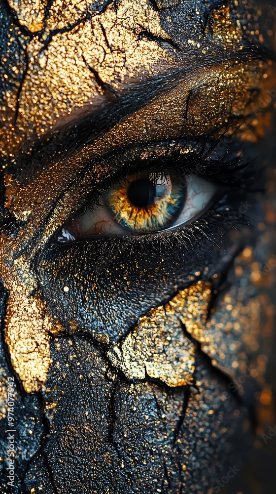 A tight shot of a face adorned with gold paint and a blue eye A tight shot of a face adorned with gold paint and a blue eye
