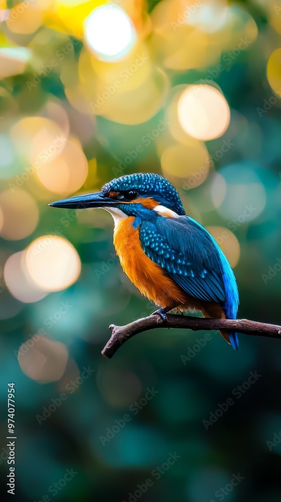 Fototapeta premium A blue and orange bird sits on a branch against a background blurred by soft, golden light