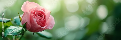  A pink rose atop a verdant branch against a hazy green backdrop