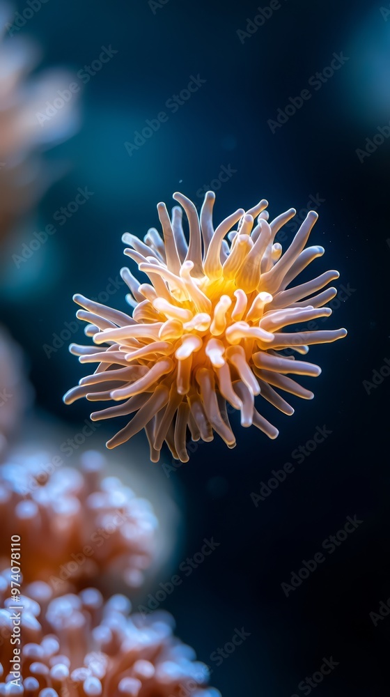 A tight shot of a solitary sea anemone against a blue backdrop, with additional sea anemones subtly visible beyond A tight shot of a solitary sea anemone against a blue backdrop, with additional sea anemones subtly visible beyond