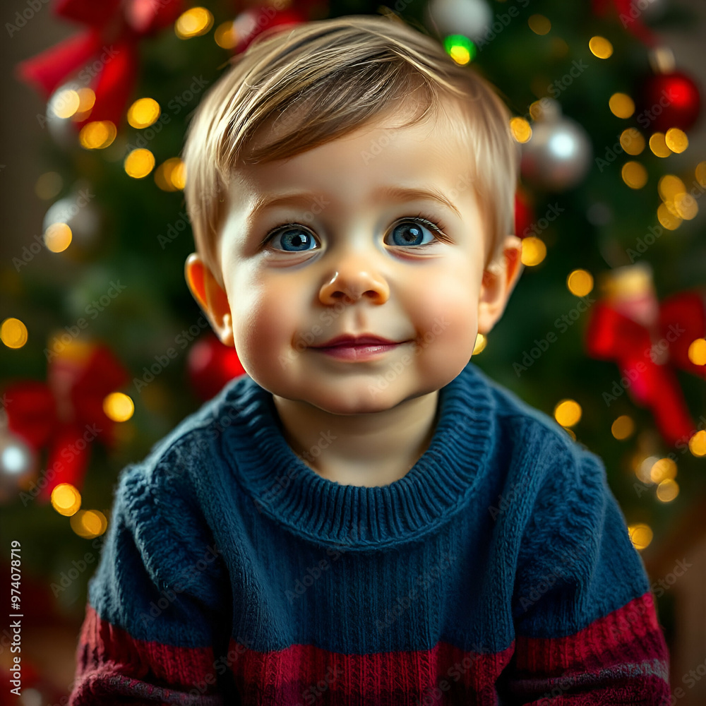 Close-up shot of a blond little boy looking at the camera celebrating Christmas, model, Christmas background, Christmas tree and lights in the background, night time