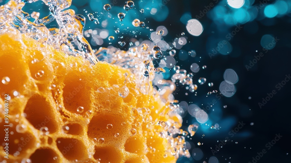 Close-up of a vibrant yellow sponge with water droplets, showcasing texture and movement in a dynamic aquatic environment.
