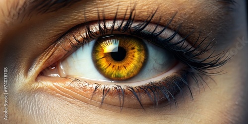 Close-up of a singular, almond-shaped right eye with lush lashes, a golden iris, and a sharp pupil, gazing photo