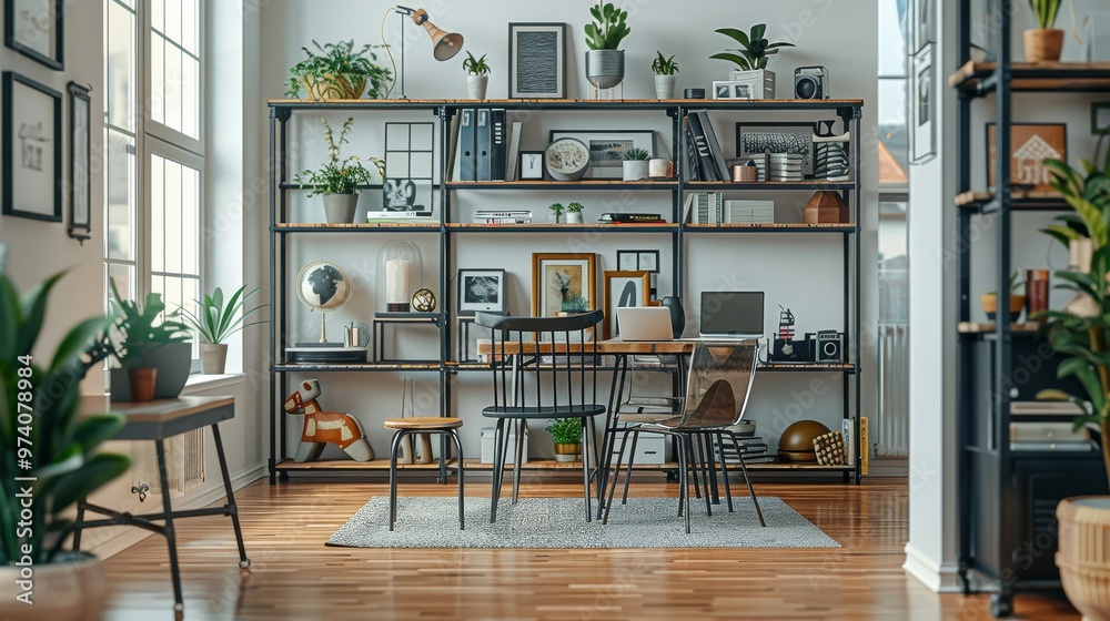 Picture of Stylish industrial bookshelf with black metal frame and solid wood ...
