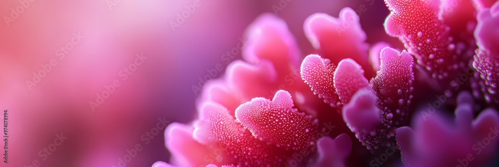 A pink flower in focus with dewdrops on its petals against a blurred background A pink flower in focus with dewdrops on its petals against a blurred background