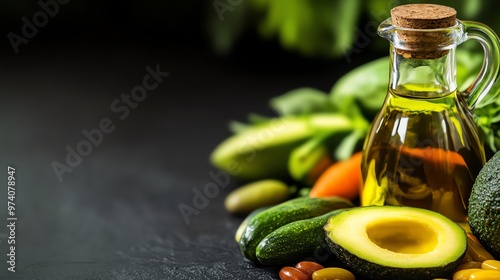 Healthy avocado oil with fresh avocados and vegetables on a dark background, perfect for culinary and health concepts.