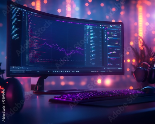 Modern computer setup with curved monitor displaying programming code and trading graphs, illuminated by purple and blue ambient lighting.