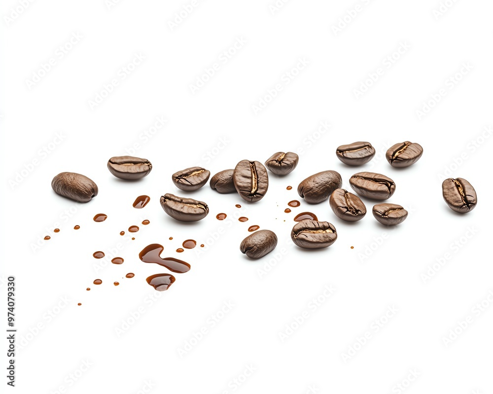 Scattered coffee beans with coffee stains on a white background, showcasing the rich brown tones and texture of the beans. Scattered coffee beans with coffee stains on a white background, showcasing the rich brown tones and texture of the beans.
